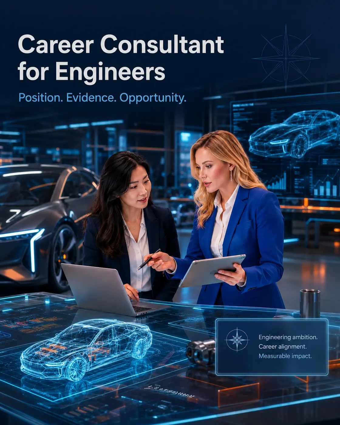 Two experienced automotive engineers reviewing digital vehicle evidence as part of a structured engineering career consultation.