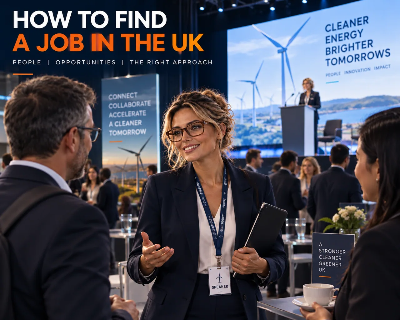 Experienced professional networking at a UK clean-energy industry event to uncover career opportunities.