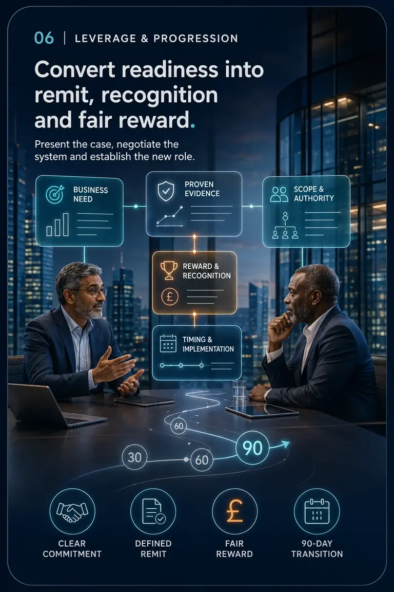 Career OS™ PROPEL Stage 06, Leverage & Progression: a promotion conversation covering business need, proven evidence, scope and authority, reward and a 90-day transition.