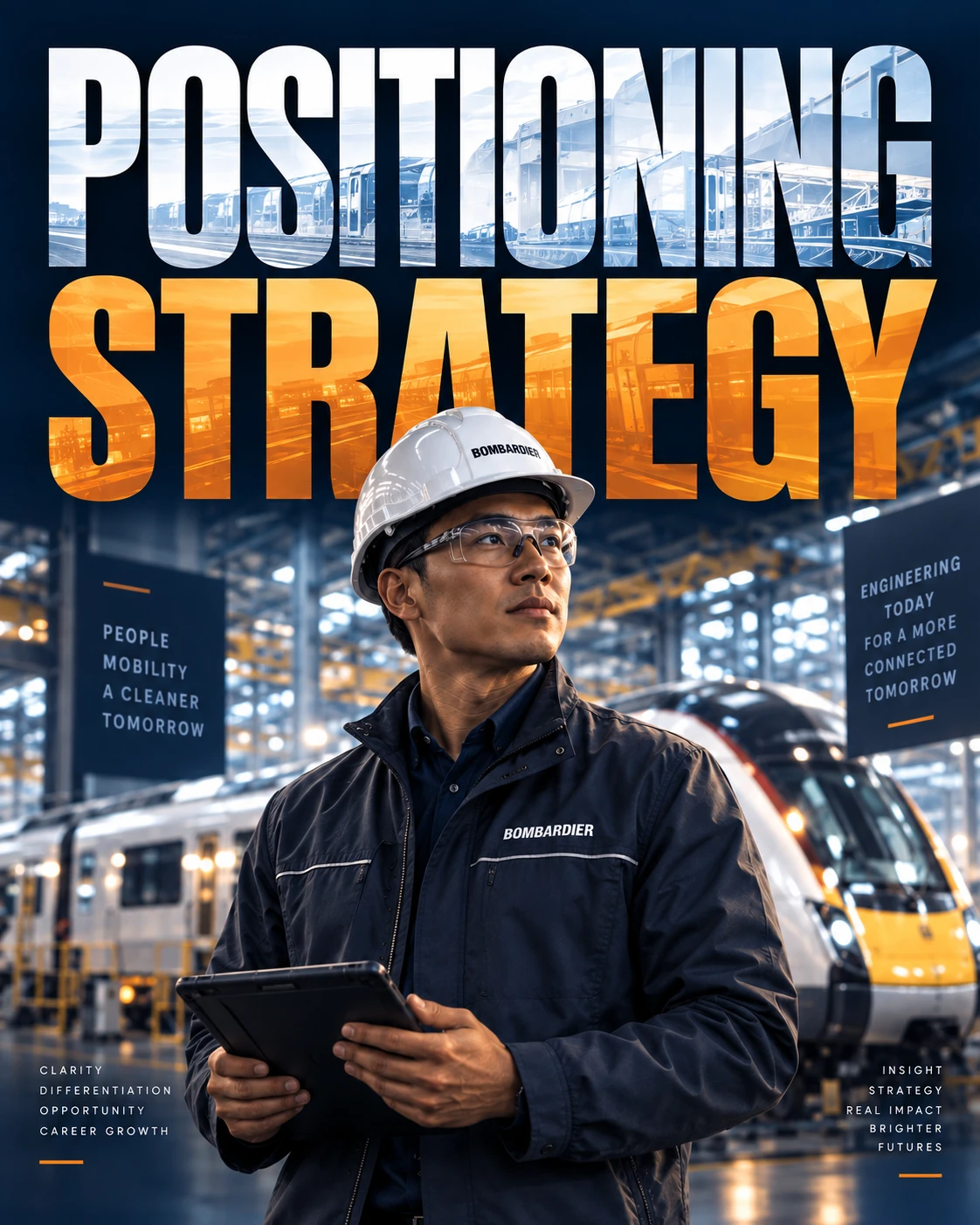 A rail engineer in a Bombardier hard hat holding a tablet in a train manufacturing facility, representing Career OS™ Positioning Strategy.