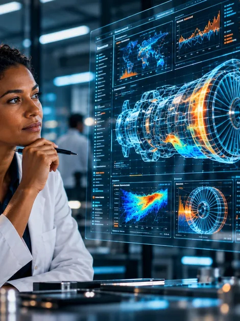 Scientist reviewing engineering analytics beside a digital turbine display