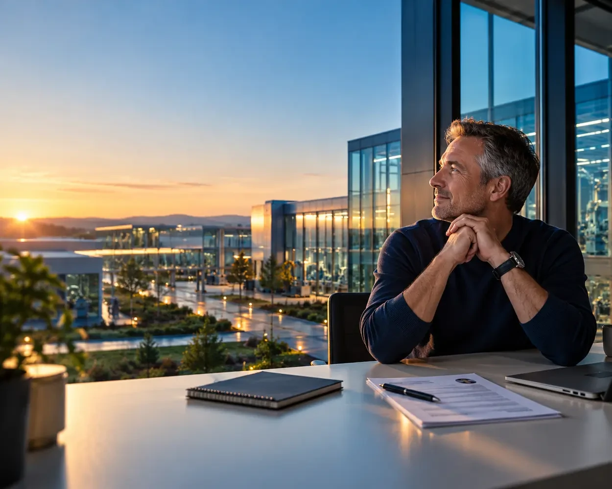 Experienced technical professional at a desk by a window, looking out over a modern engineering campus at sunrise while considering a new career direction.