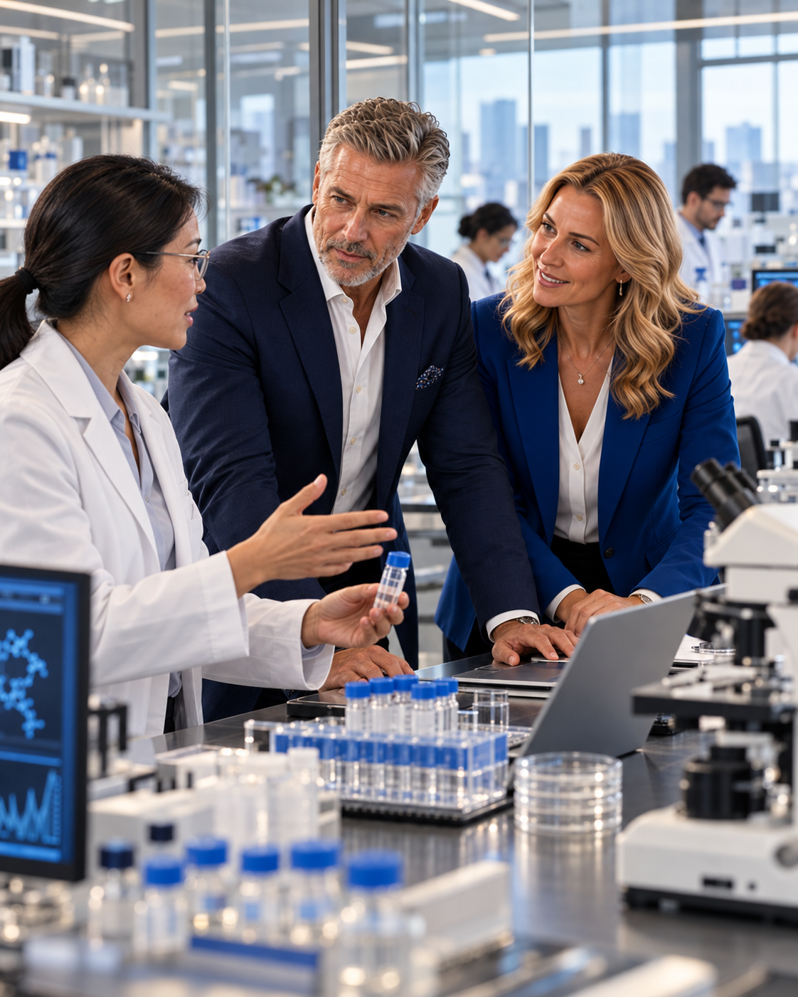 Senior business leaders speaking with a female scientist in a modern pharmaceutical laboratory surrounded by microscopes, sample vials and research equipment.