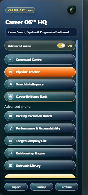 Career OS™ HQ phone menu listing Command Centre, Pipeline Tracker, Search Intelligence and advanced features.