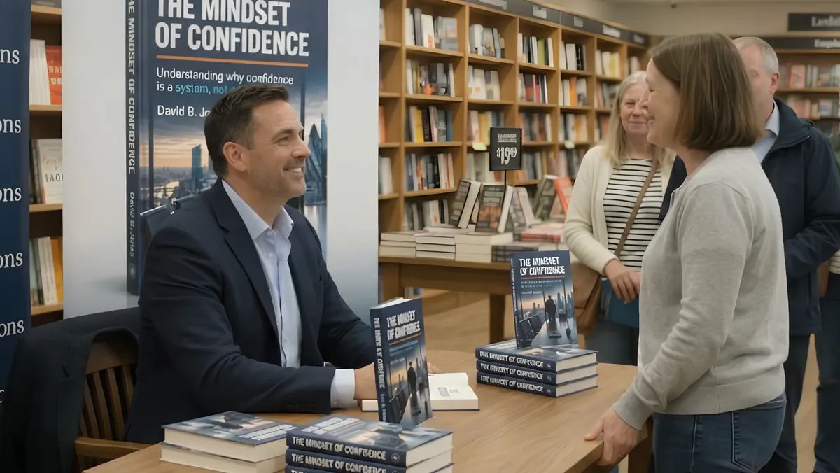 Dai Jones signing copies of The Mindset of Confidence at a book event.
