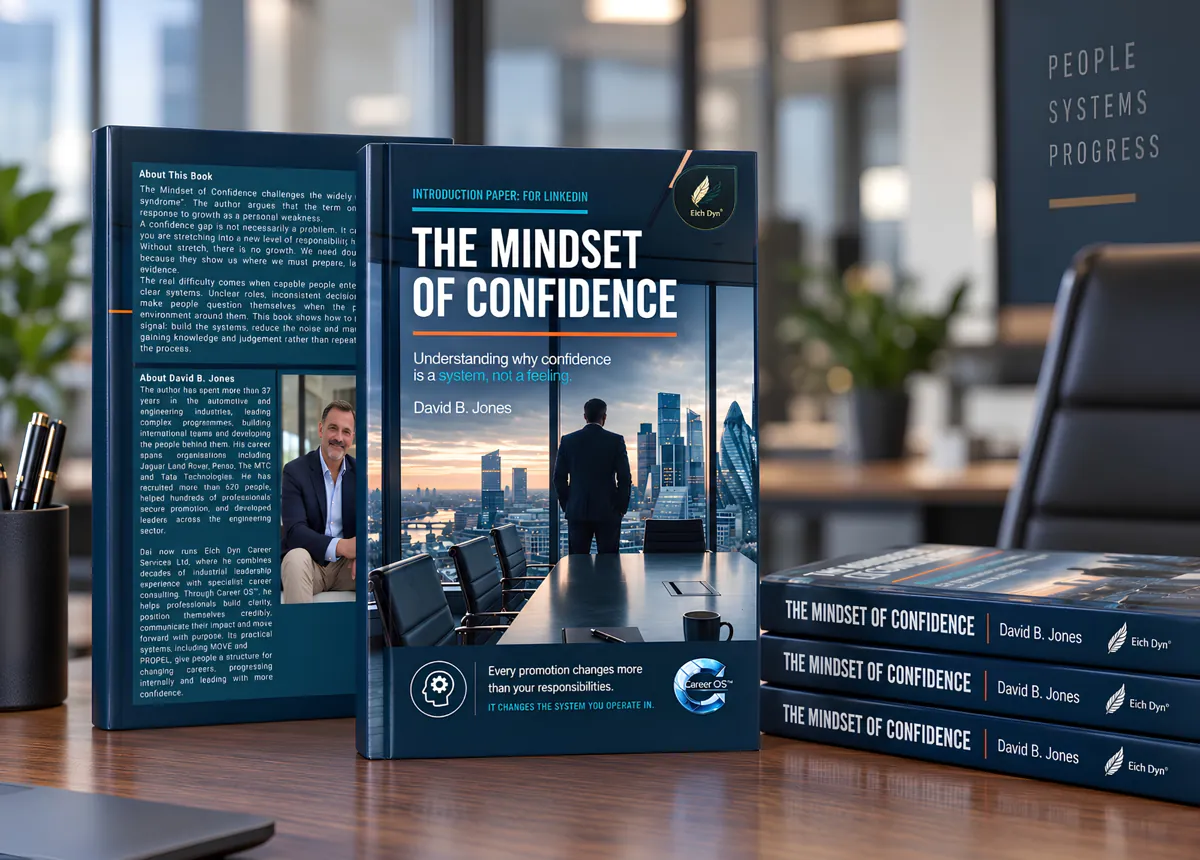 The Mindset of Confidence by Dai Jones shown in a professional office setting, with hardback copies displaying the front and back covers.