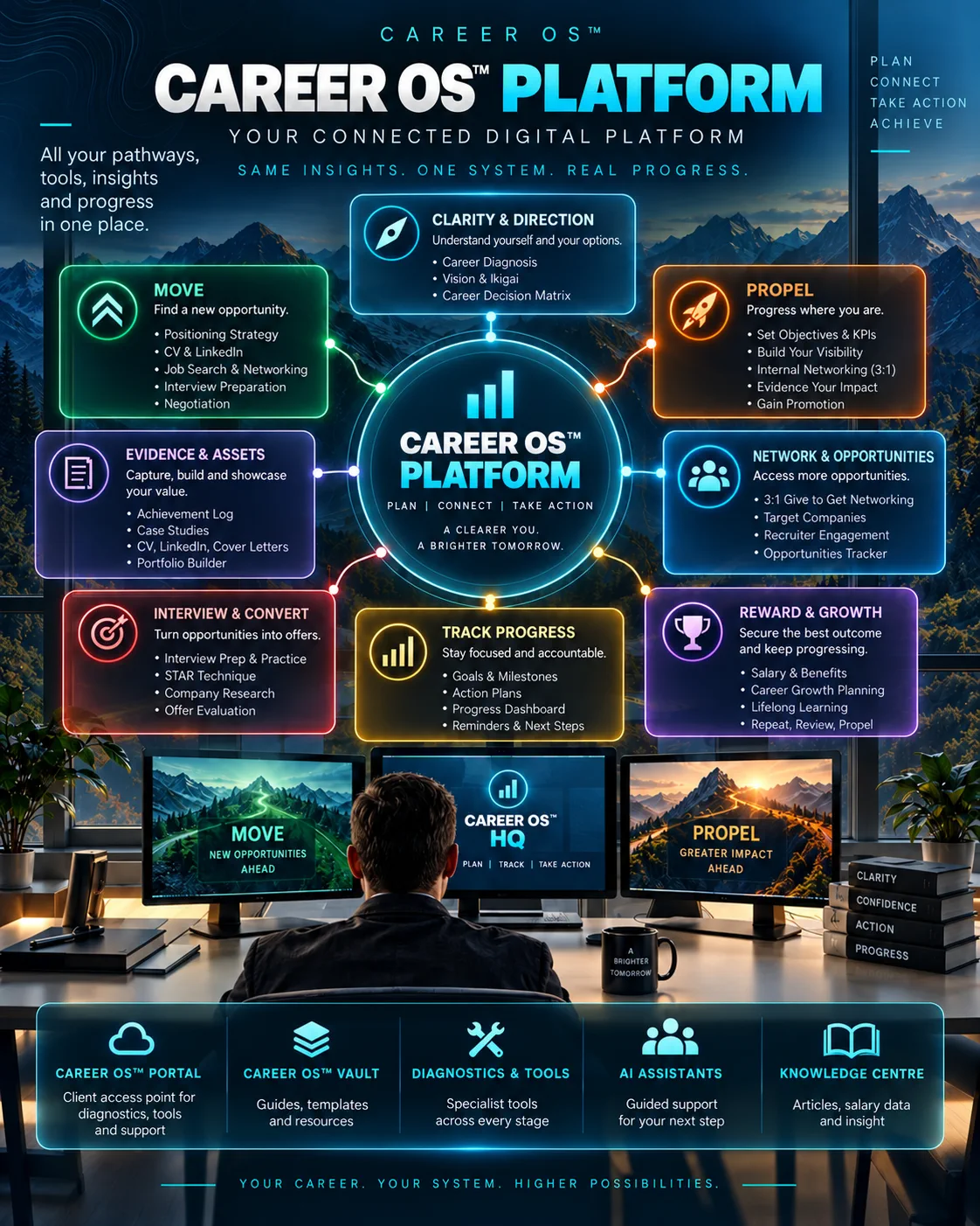 Career OS™ Platform overview connecting clarity and direction, MOVE, PROPEL, evidence and assets, networking and opportunities, interviews, progress tracking, reward and growth, the Vault, diagnostics, AI assistants and the Knowledge Centre.