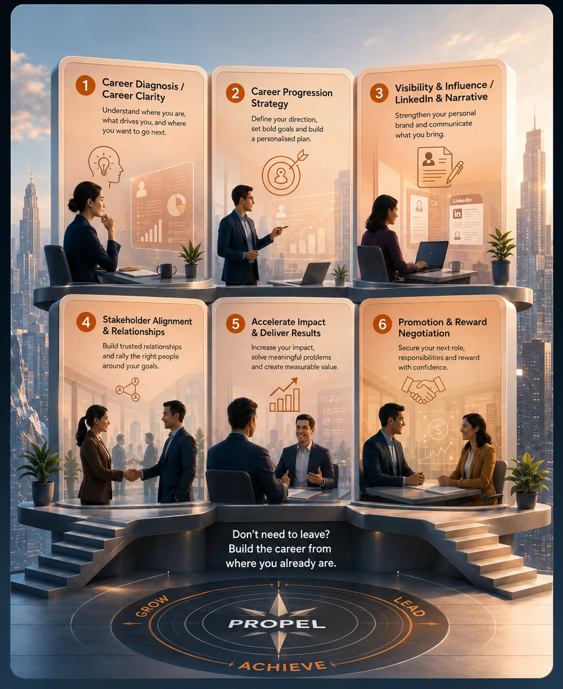 Career OS PROPEL six-stage progression framework diagram.