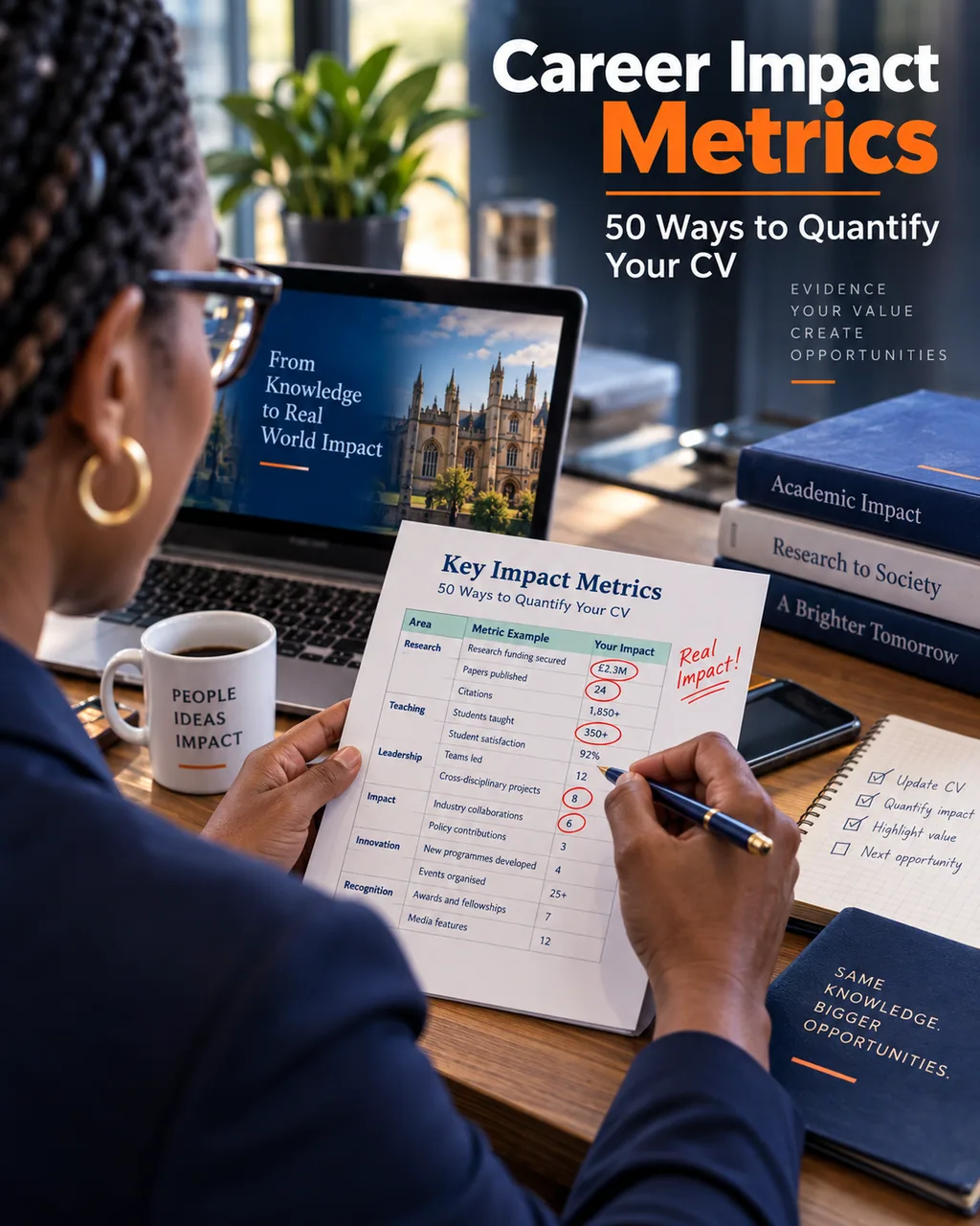 Professional documenting quantified career impact metrics beside a laptop and evidence worksheet.