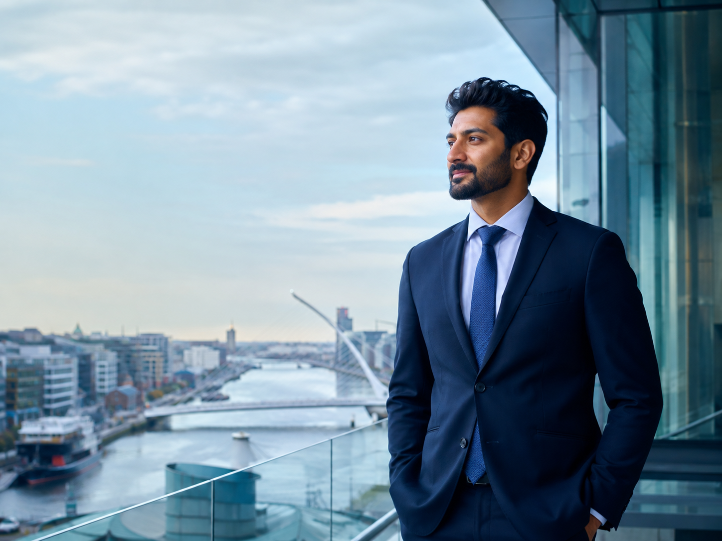 International professional standing on a Dublin office balcony overlooking the River Liffey and Samuel Beckett Bridge
