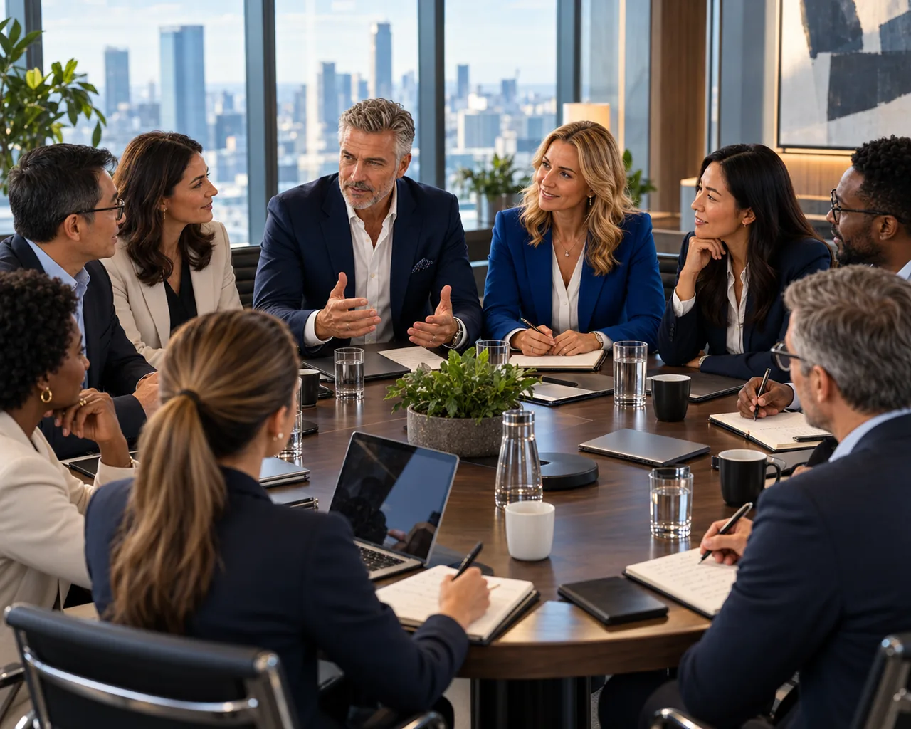 Senior professionals in a boardroom discussion, illustrating a career support team.