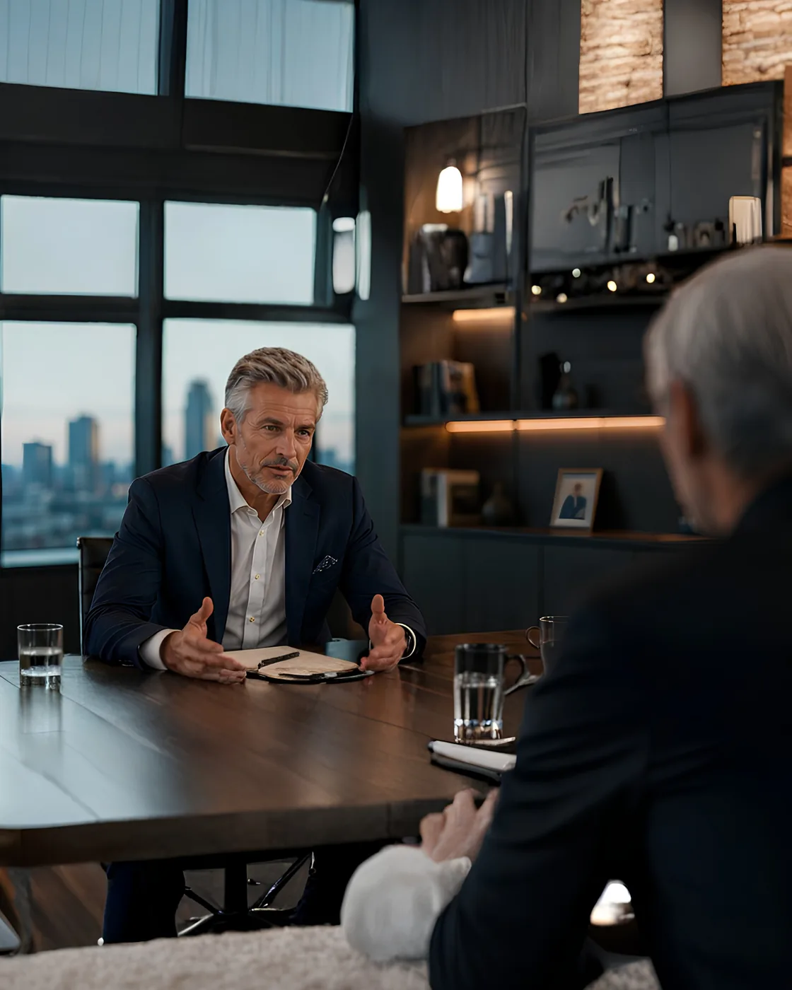 A senior professional discussing offer value, role scope and negotiation priorities with an experienced career consultant.