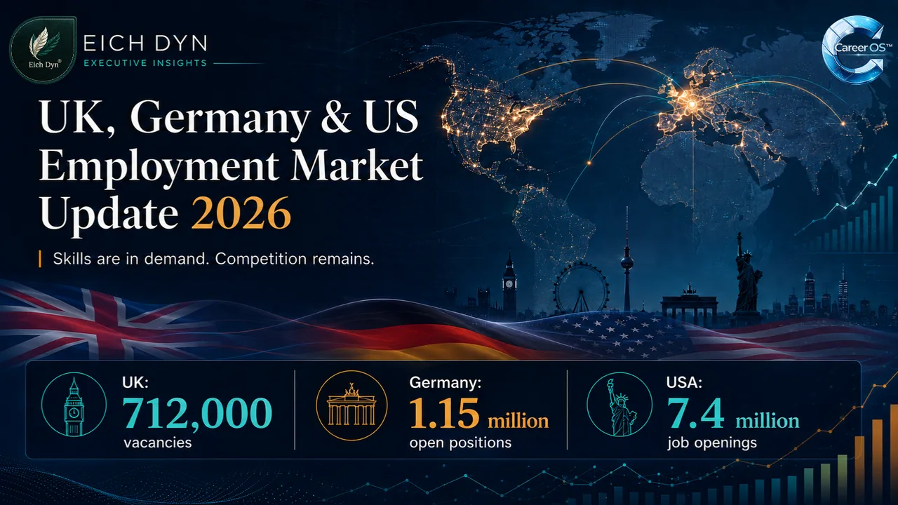 UK, Germany and US job market 2026 briefing artwork.