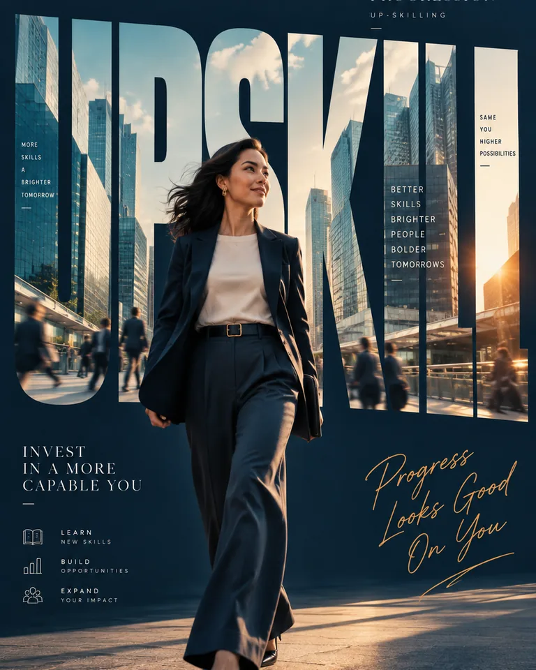 A professional woman walking through a sunlit city within oversized UPSKILL lettering, illustrating accessible career development.