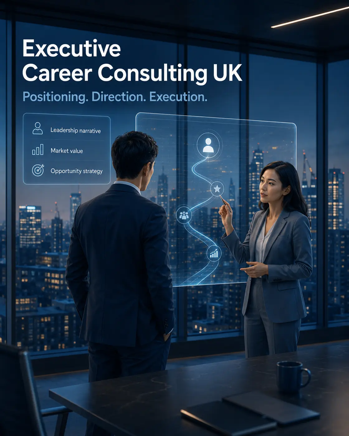 A senior technical leader and career consultant reviewing an executive career strategy in a private London meeting room.