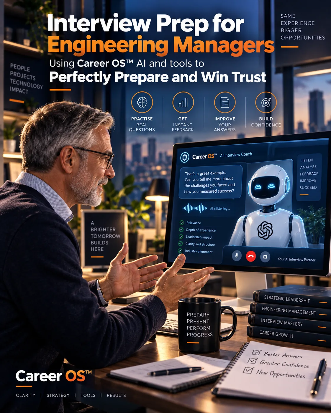 Engineering manager practising interview answers with a Career OS AI interview coach to improve leadership communication, confidence and interview performance.