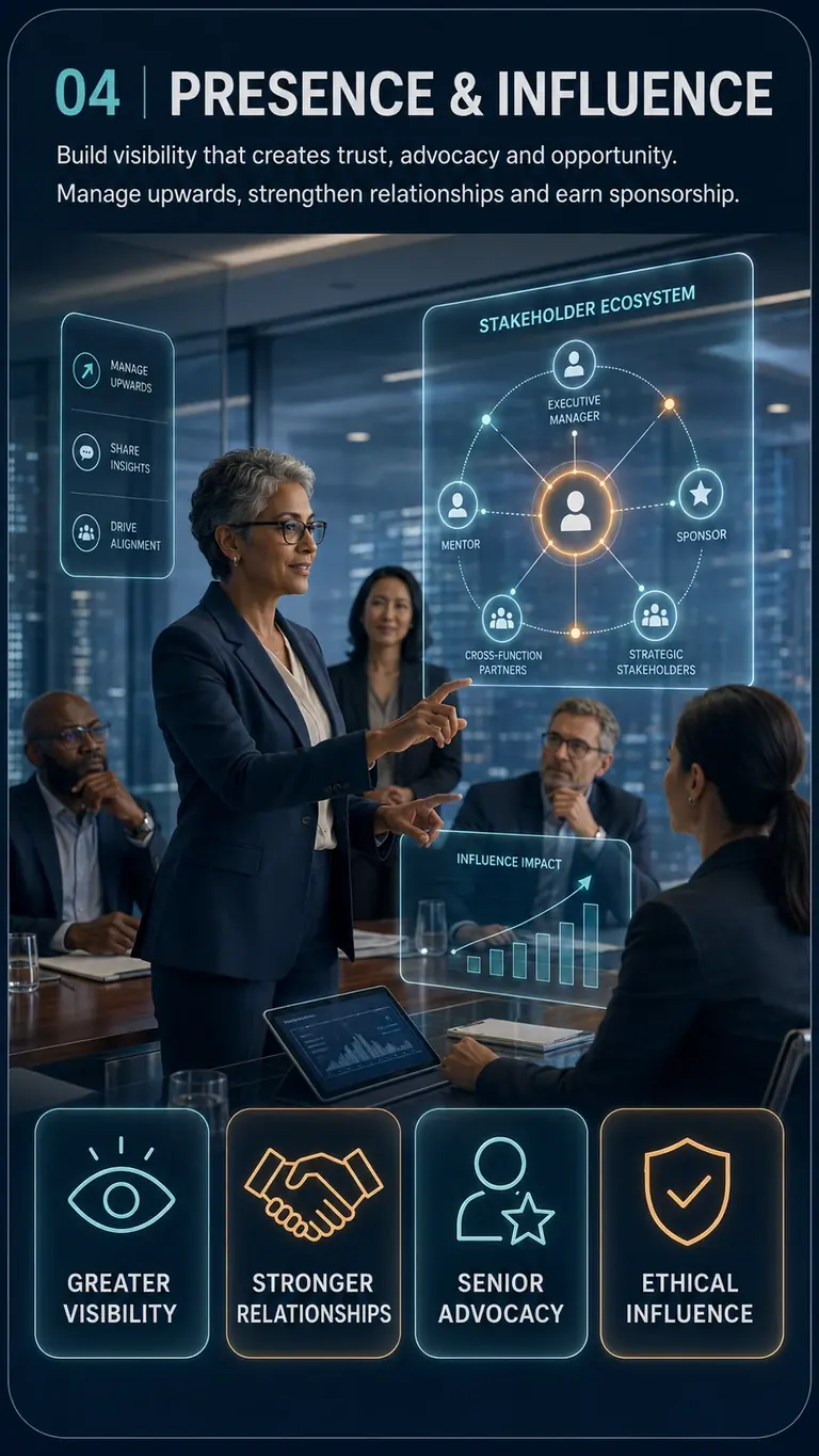 Career OS™ PROPEL Stage 04, Presence & Influence: a leader presenting to senior stakeholders alongside a stakeholder ecosystem and influence impact chart.