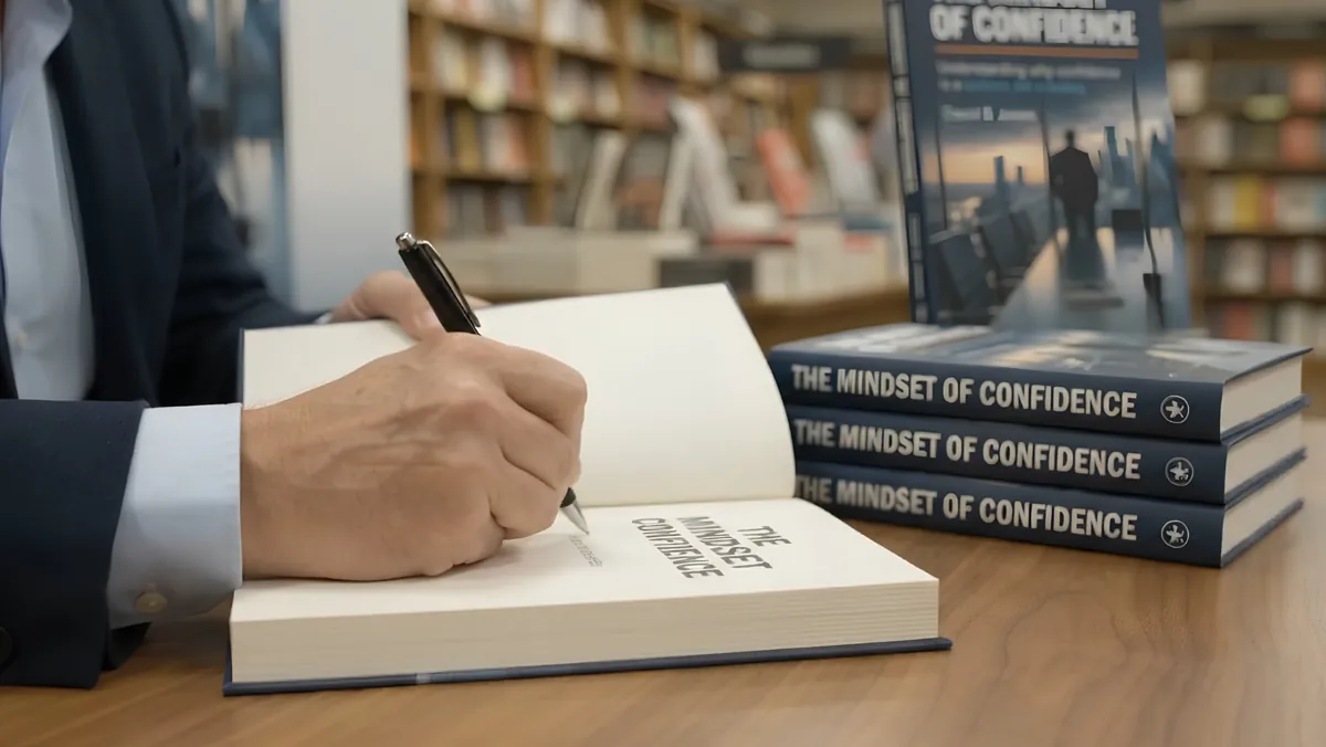 Dai Jones signing The Mindset of Confidence beside stacked copies of the book.