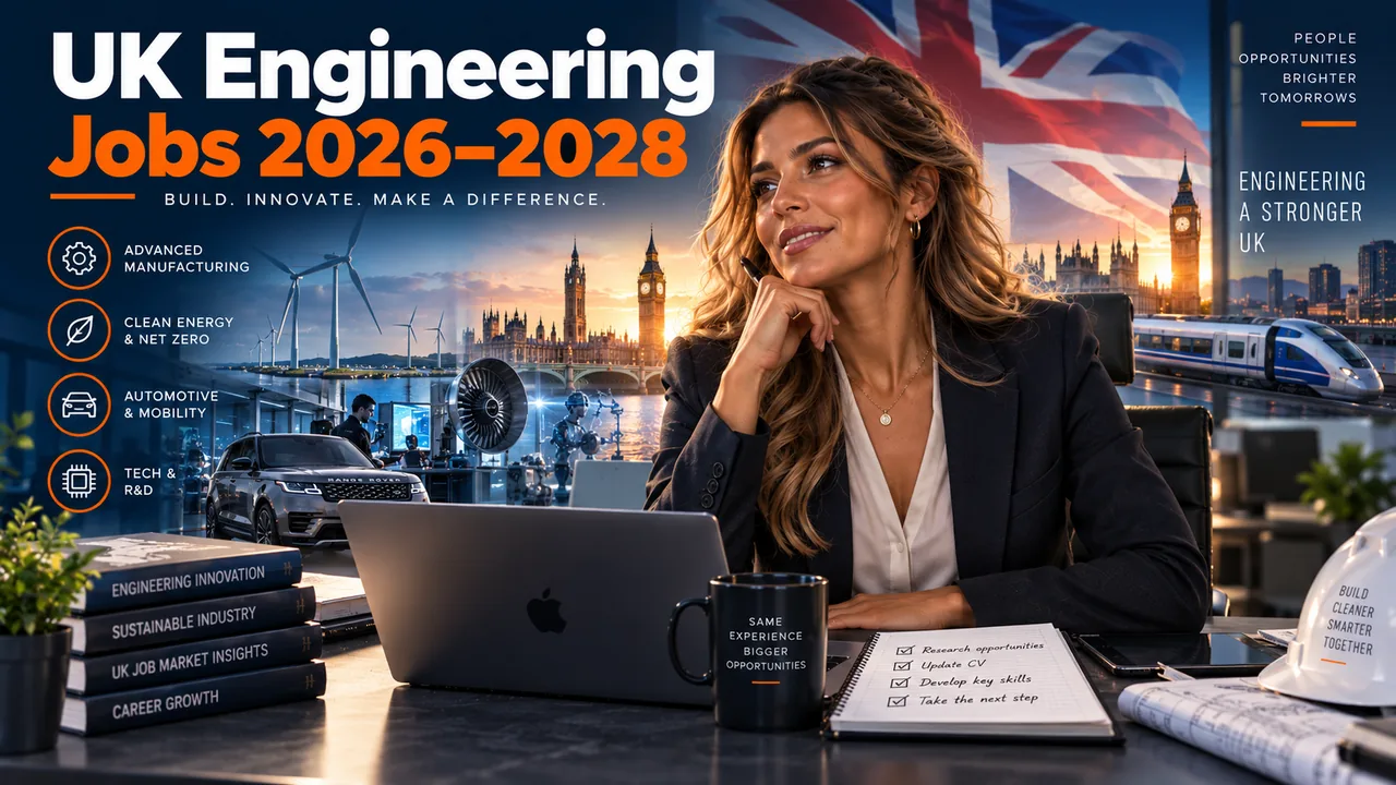 UK engineering professional reviewing career opportunities across advanced manufacturing, clean energy, automotive, mobility and technology sectors for 2026 to 2028.