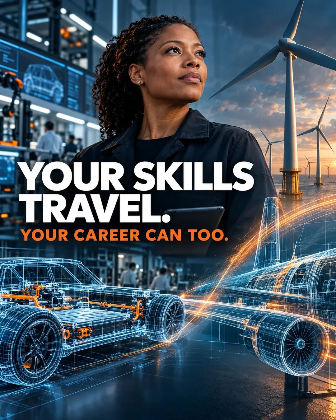 Engineering professional looking ahead as automotive and aerospace wireframes transition towards offshore wind turbines, with the headline Your skills travel. Your career can too.