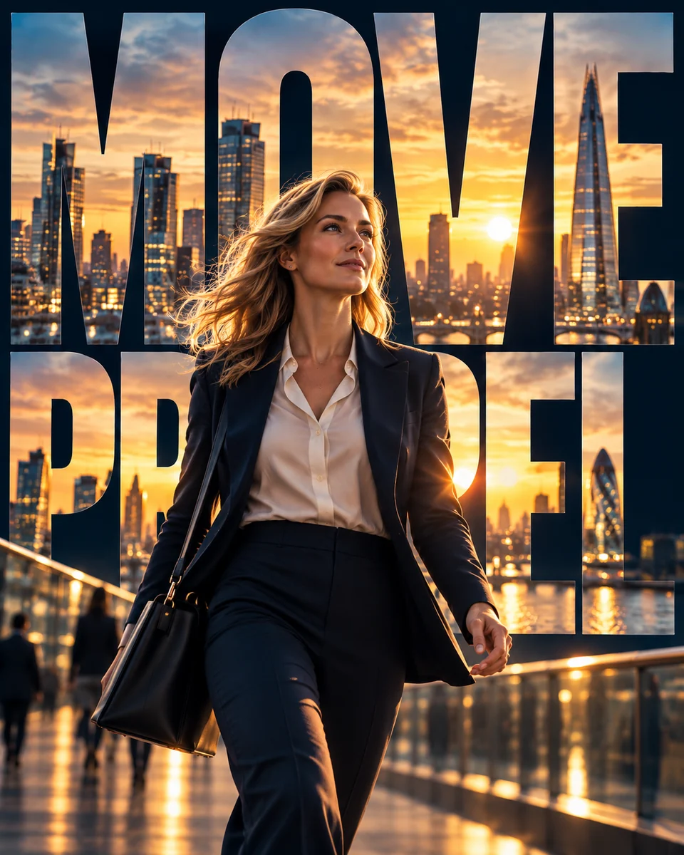 Professional woman walking through a sunlit London cityscape framed by the words MOVE and PROPEL.