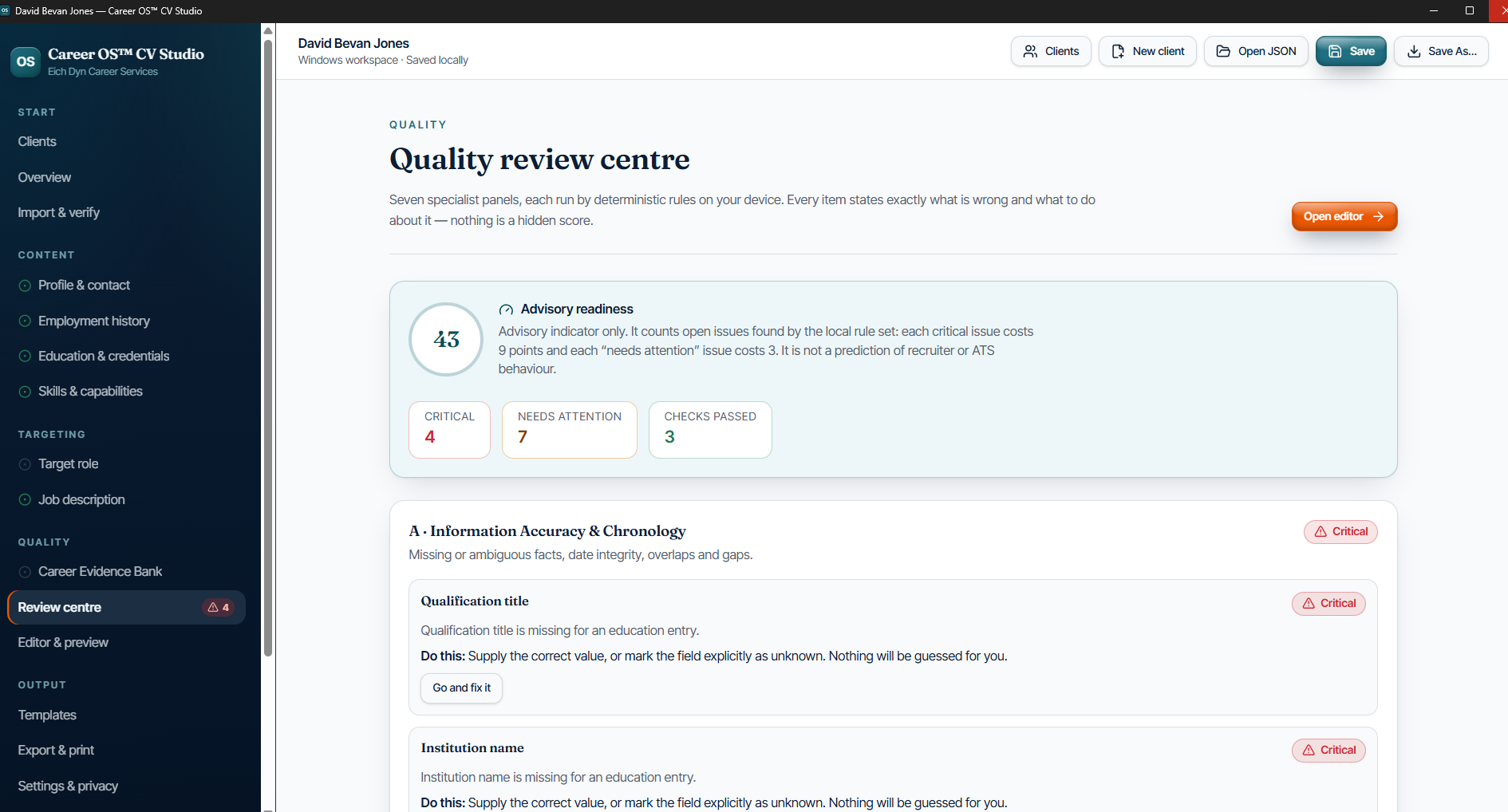 Career OS CV Studio Quality Review Centre with detailed qualification and institution checks.