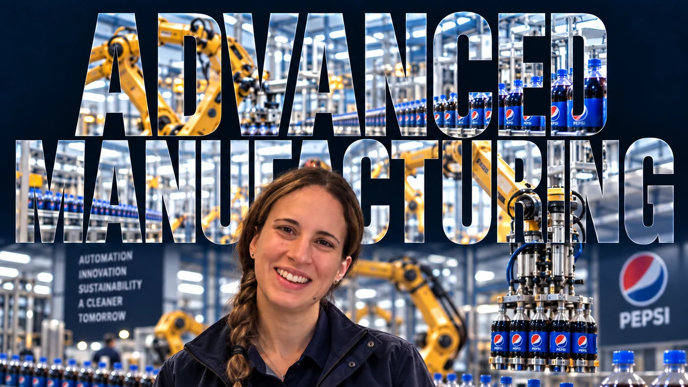Female advanced manufacturing engineer holding a tablet on an automated Pepsi bottling prototype line, surrounded by industrial robots and production automation, with MTC branding and “Advanced Manufacturing” headline.