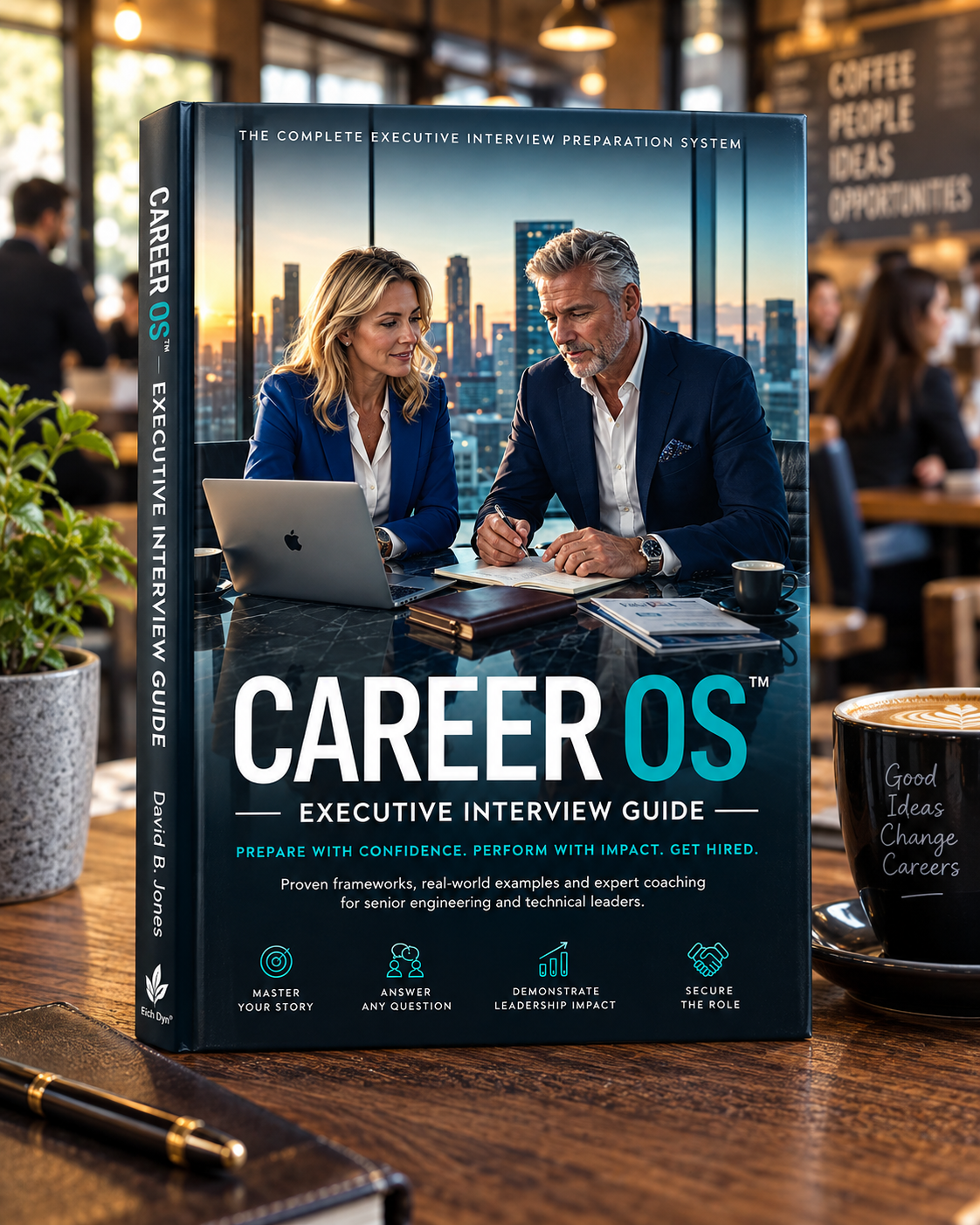 Career OS Executive Interview Guide book cover showing two executives reviewing notes in a city office.