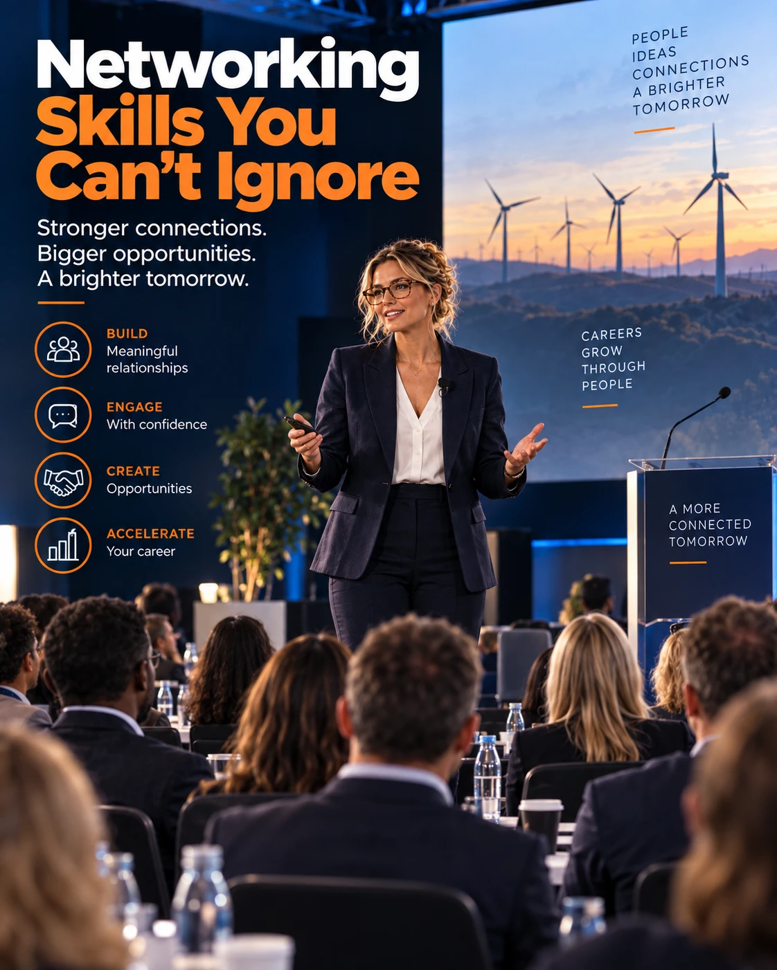 Speaker addressing a professional conference audience on networking skills, illustrating how stronger connections build career opportunities.
