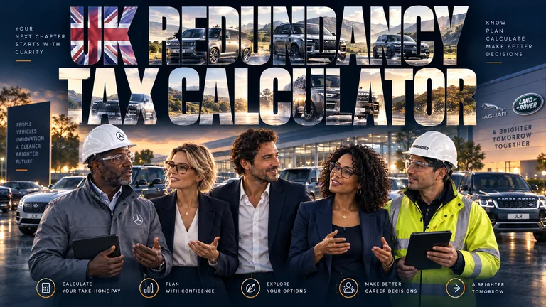 UK redundancy and tax calculator artwork with automotive professionals outside a Jaguar Land Rover site.