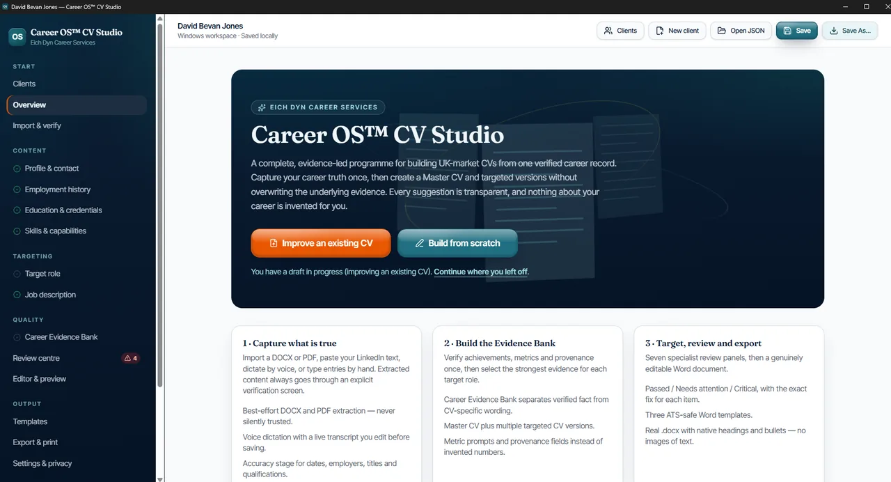 Career OS CV Studio overview showing Improve an existing CV and Build from scratch options.
