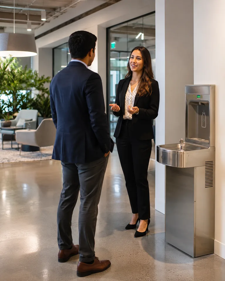 Two professionals in conversation, representing networking and live opportunity creation.
