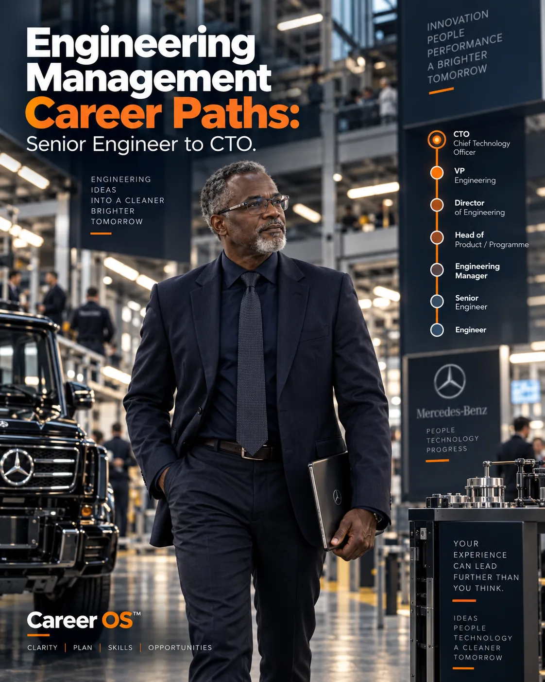 Engineering leader progressing through the management career path from senior engineer to engineering manager, director, vice president and CTO.