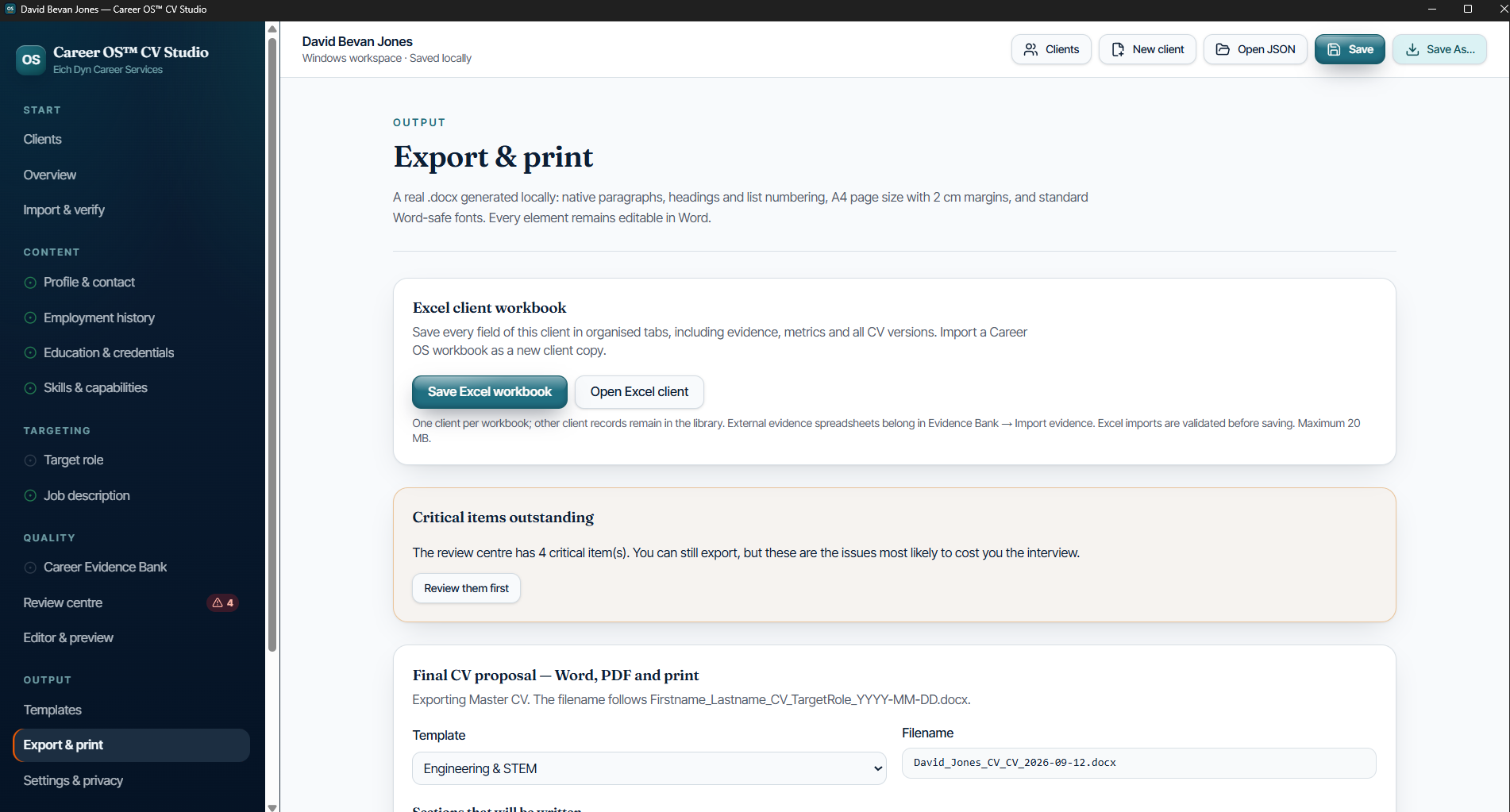 Career OS CV Studio Export and Print screen showing Excel workbook and editable Word CV export options.