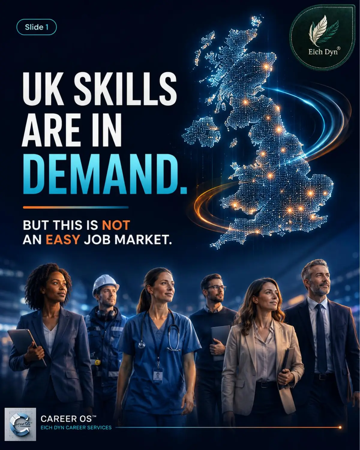 Cover of the Eich Dyn UK Employment Market Update, August 2026, showing a data-mapped United Kingdom and the headline 'UK skills are in demand'.
