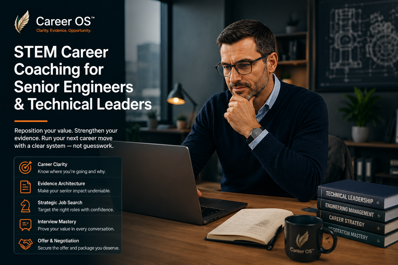 STEM career coaching for senior engineers and technical leaders — reposition value, strengthen evidence, run your next career move with a clear system