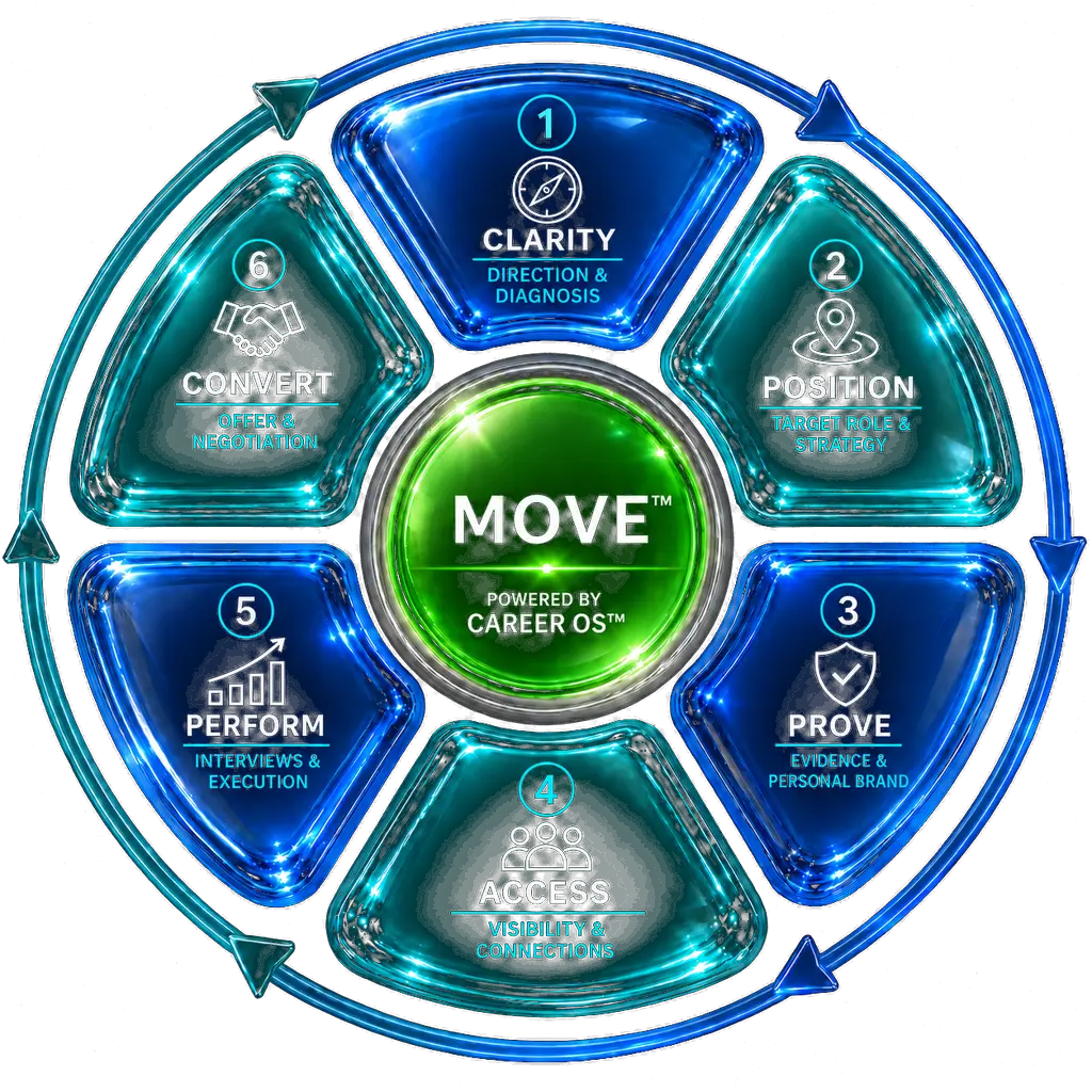 Career OS™ MOVE™ flywheel — Clarity, Position, Prove, Access, Perform and Convert