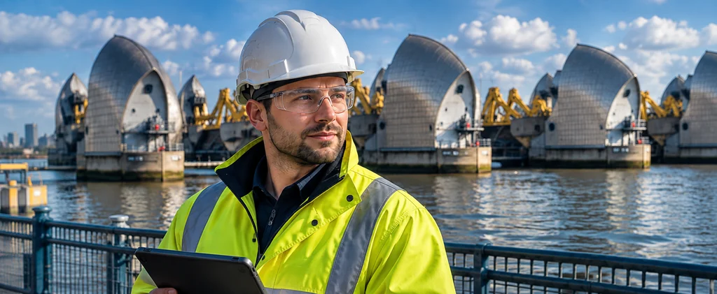 Life Cycle Analyst in site safety gear with the Thames Barrier in London behind him, representing Charlie’s move from automotive sustainability into infrastructure.