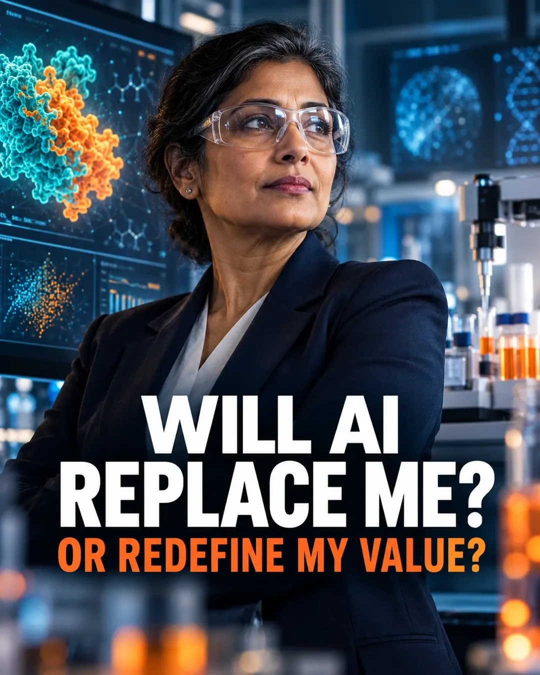 Senior scientist in safety glasses in a laboratory beside molecular and data visualisations, with the headline Will AI replace me? Or redefine my value?