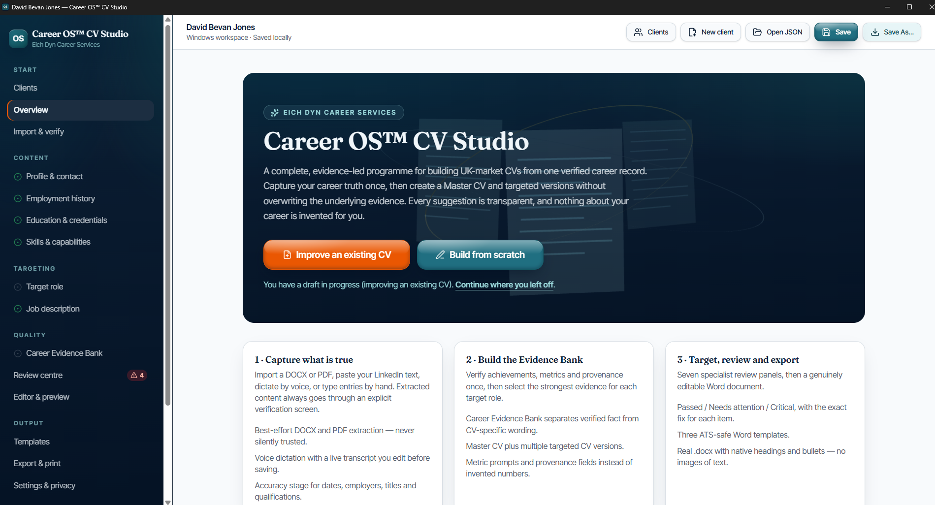 Career OS CV Studio overview showing Improve an existing CV and Build from scratch options.
