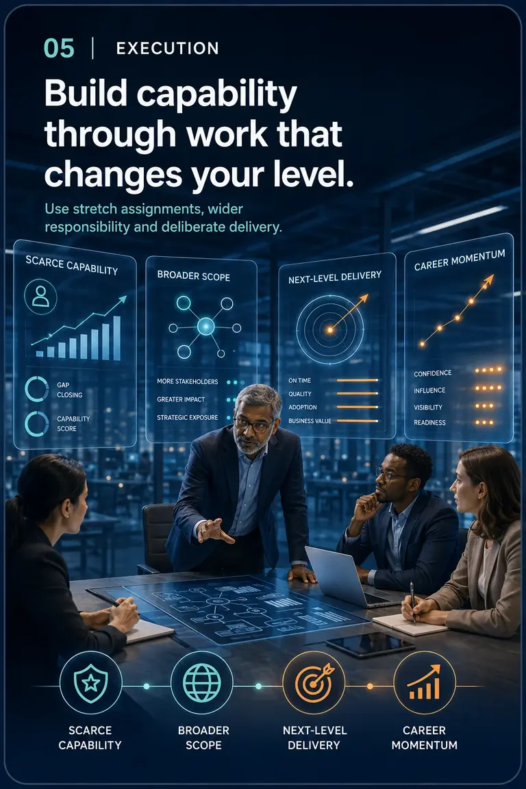 Career OS™ PROPEL Stage 05, Execution: scarce capability, broader scope, next-level delivery and career momentum shown during a leadership working session.