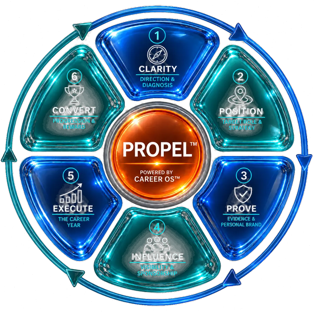 Career OS™ PROPEL™ flywheel — Clarity, Position, Prove, Influence, Execute and Convert