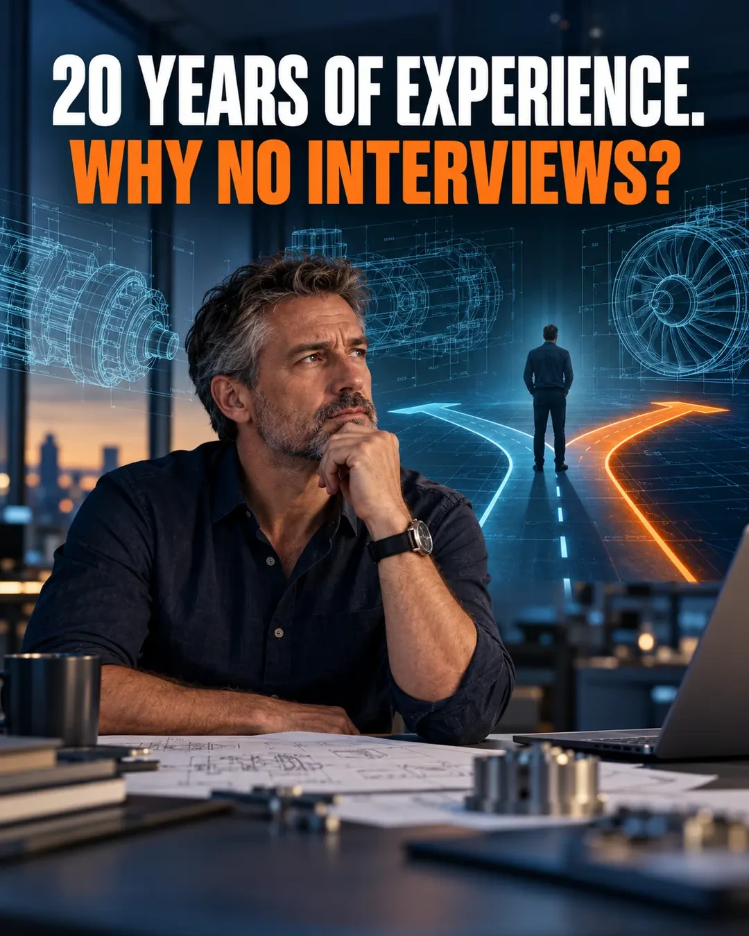 Experienced engineer at a desk with technical drawings, considering diverging career paths beneath the headline 20 years of experience. Why no interviews?