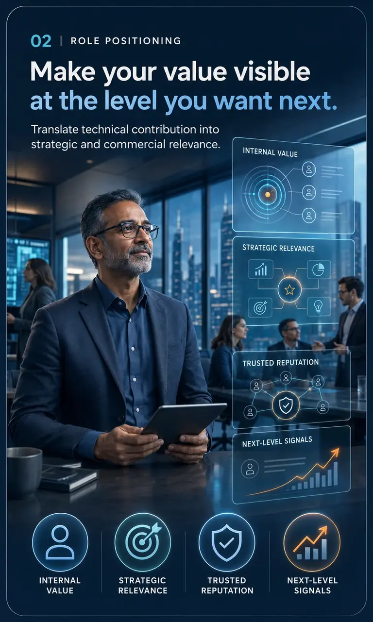 Career OS™ PROPEL Stage 02, Role Positioning: internal value, strategic relevance, trusted reputation and next-level signals shown as stakeholder panels.