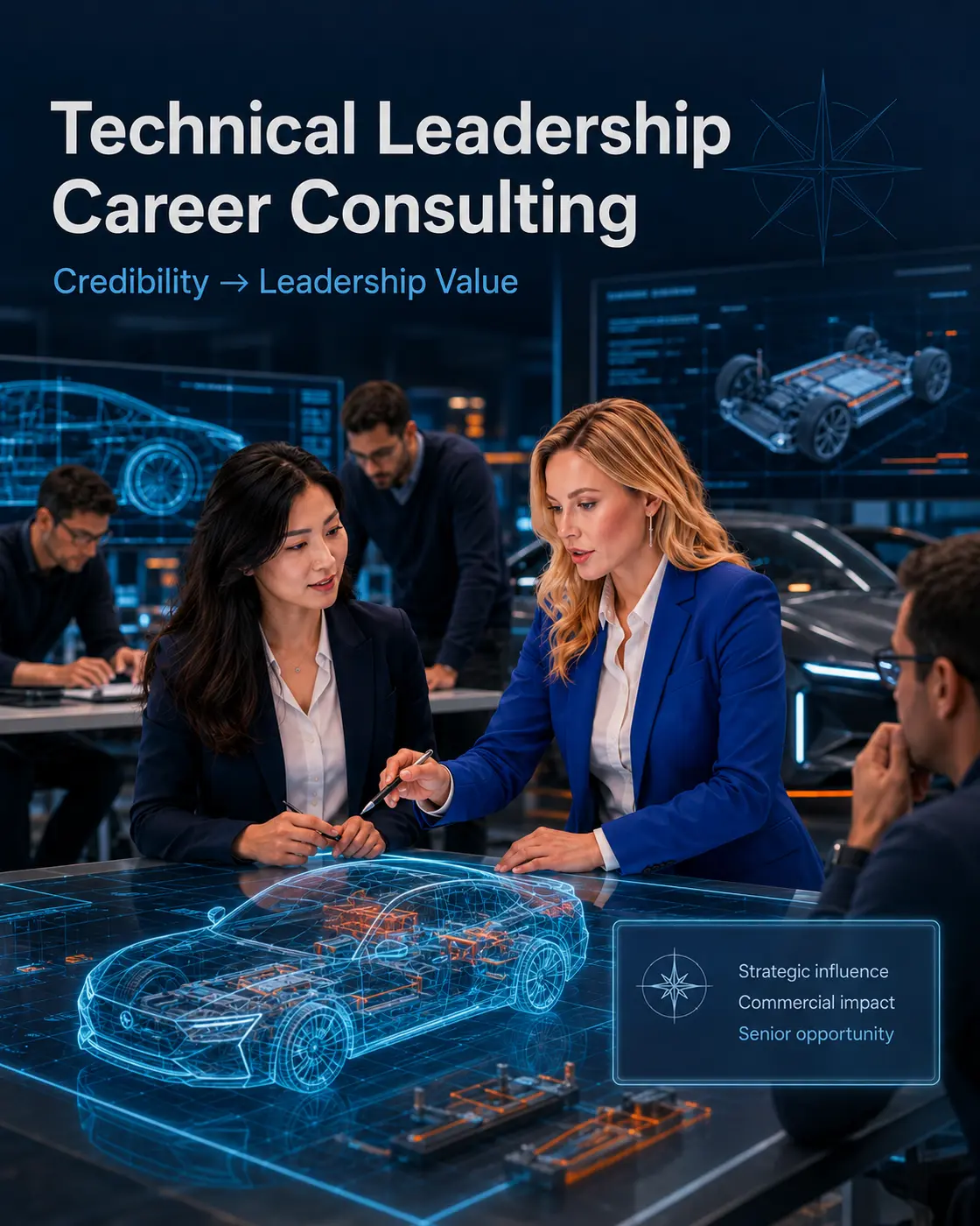 Senior engineering leaders guiding a strategic automotive review with technical evidence and commercial impact.