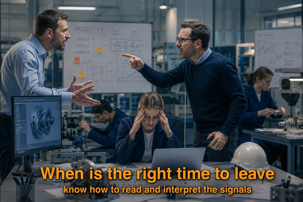 Two engineering managers in a tense workplace dispute while a colleague appears distressed.