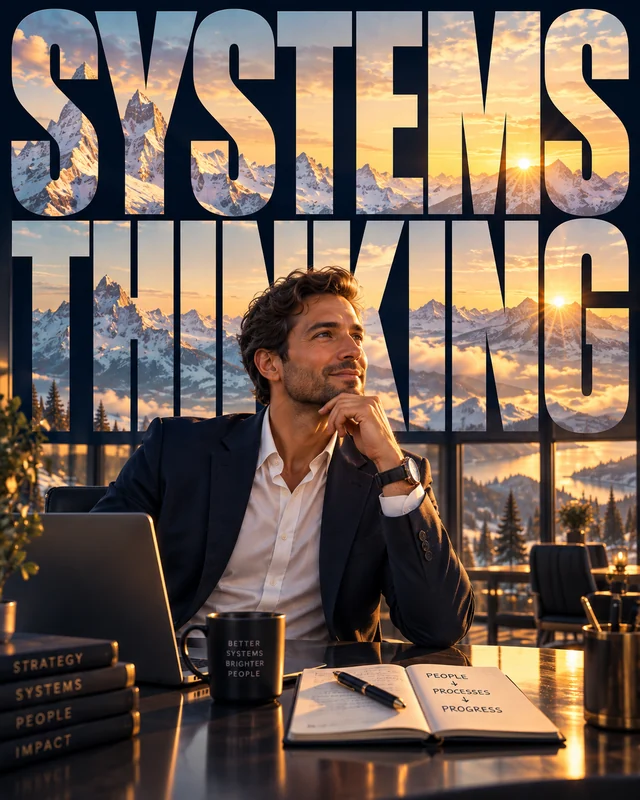 Senior professional applying systems thinking to career development, with mountains and sunrise behind him.