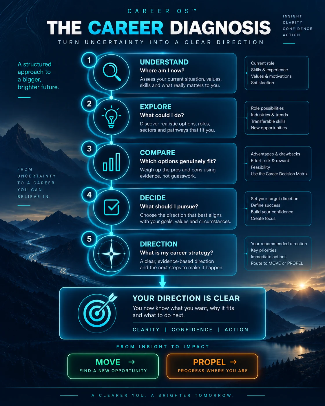 Career Diagnosis framework showing Understand, Explore, Compare, Decide and Direction from career uncertainty to clear action.