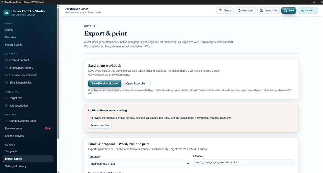 Career OS CV Studio Export and Print screen showing Excel workbook and editable Word CV export options.