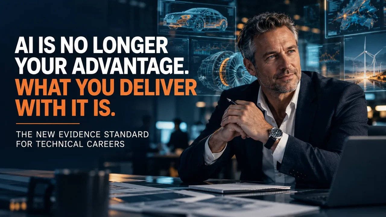 Senior engineering leader with digital automotive, aerospace and clean energy models beside the words AI is no longer your advantage
